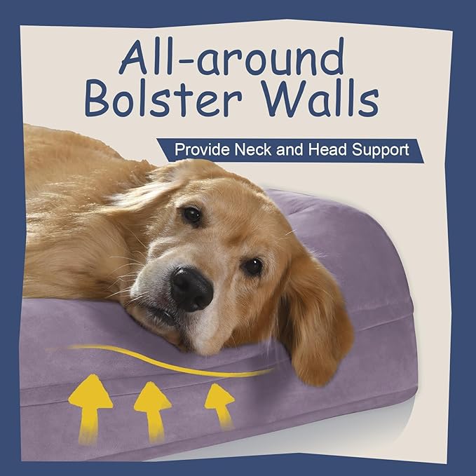 Large Orthopedic Dog Beds, Waterproof Dog Bed with Removable Cover, 4-Sides Removable Bolster Pet Soft Sofa with Nonskid Bottom, Washable Pet Beds for Large Dogs, Purple