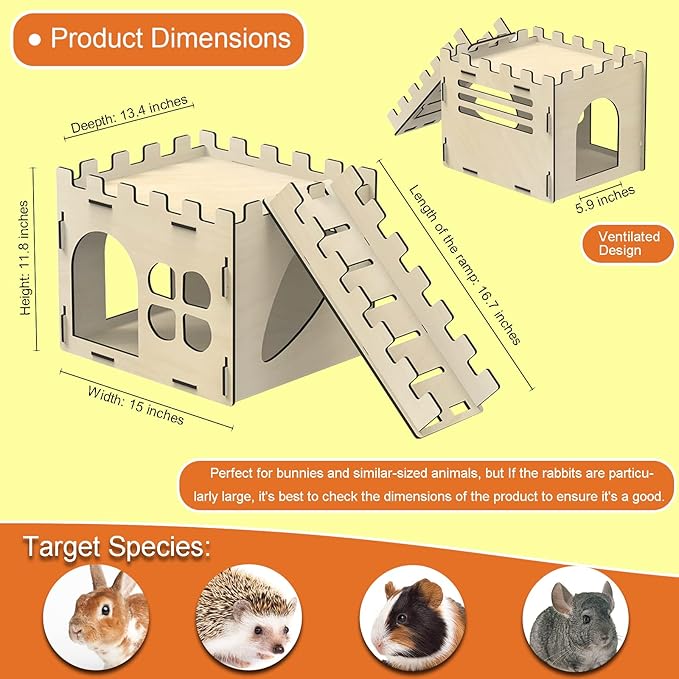 HIIMALEX Extra Large Sturdy Bunny Castle Hideout for Indoor Rabbits Play House with Stairs Round Edges Detachable Habitats for Rabbit Guinea Pig Chinchilla Hedgehog