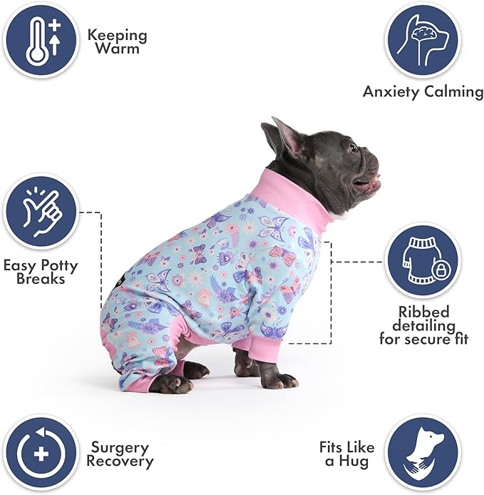 Spark Paws Dog Pajama, Dog Recovery Suit Male, Onesie, Ultra-Soft and 4-Way Stretch, for Small Medium and Large Breed - Butterfly Dreams - L