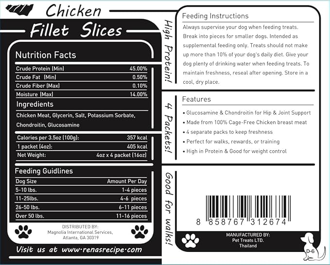 Rena's Recipe Chicken Fillet Slices Dog Treats – Soft High Protein Training Treats Made from Real Chicken Tender with Glucosamine & Chondroitin for Joint Support, 1 lb (4 oz x 4 Packs)