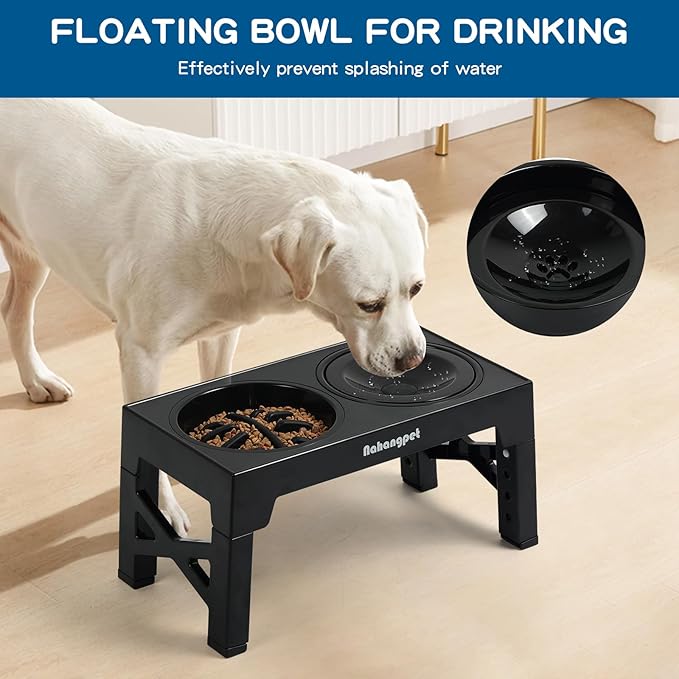 2-in-1 Elevated Slow Feeder Dog Bowls for Food and Water, 5 Heights Adjustable Raised Dog Bowls, Non-Slip, No Spill, for Small Medium Large Dogs and Cats(Black)