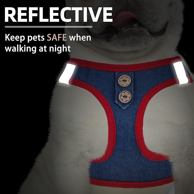 PUPTECK Dog Harness and Leash Set for Small Medium Dogs No Pull Step-in Soft Mesh Puppy Cat Vest Harnesses Reflective at Night, Denim NavyBlue XS
