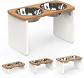 Elevated Dog Bowls, Waterproof Raised Dog Bowl for Medium & Large Dogs, HIPS Poly Lumber Stand with 2 Stainless Steel Bowls, Indoor & Outdoor Use (13'' Tall–68 oz Bowl, Teak - White)