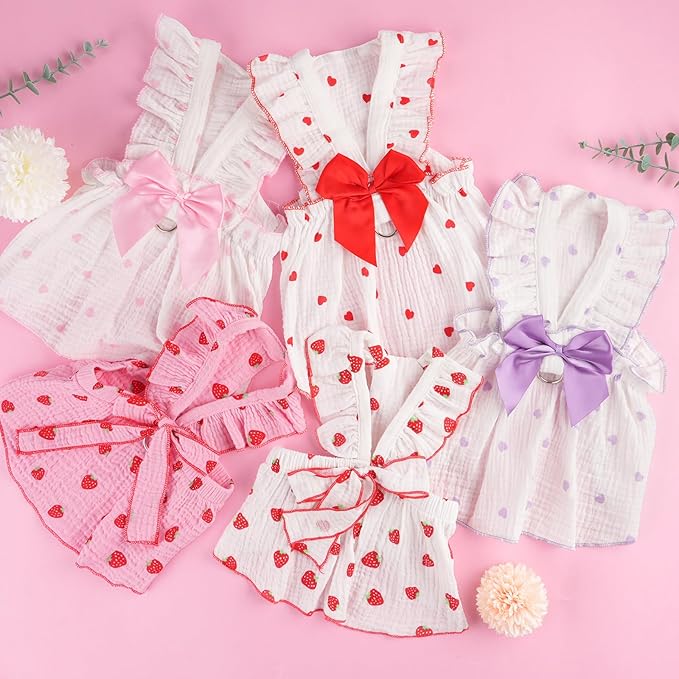 Dog Dress Clothes for Small Dogs Girl with Leash Ring & Bow Cat Dog Outfit Strawberry Printed Pet Cat Apparel Sweet Ruffled Chihuahua Yorkie Puppy Clothes