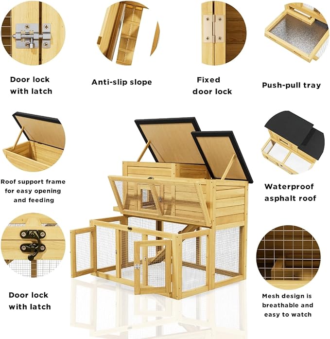 Outdoor Rabbit Hutch for 2-4 Chickens Wooden with Waterproof Asphalt Roof, Ramp, Openable Top Pull-Out Tray Suitable for Suitable for Indoor and Outdoor Use. (Yellow Black)