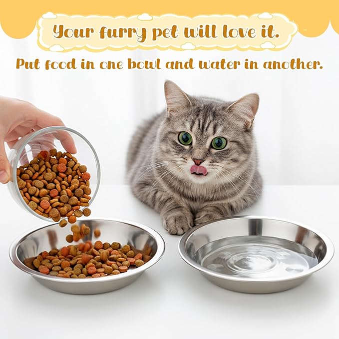 24 Pcs Stainless Steel Cat Bowls Shallow Cat Food Bowls, Shallow Metal Pet Dishes, Replacement Whisker Relief Cats Water Dish, for Elevated Stand, Dishwasher Safe, 5.4 Inch