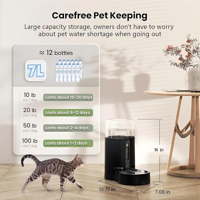 CZPET Dog Water Bowl Dispenser 7L, Wider Mouth & Upgraded Brush for Easy Cleaning Automatic Cat Gravity Refilling Waterer with Removable Stainless Steel Bowl, Large Drinking Area for Multi-Pet (Black)