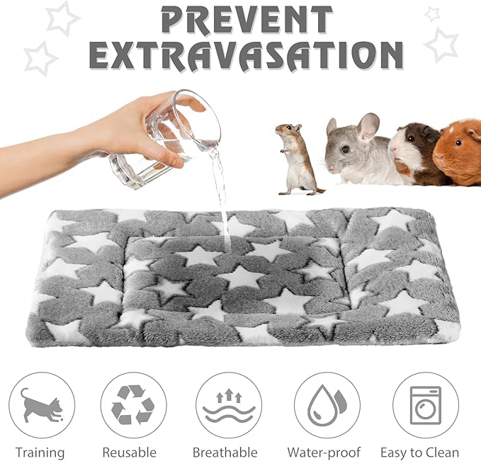 Haull 4 Pcs Waterproof Guinea Pig Bedding Guinea Pig Bed Plush Cage Liners Soft Rabbit Dog Crate Pad Cat Mat Reversible Cozy Animal Pee Pad Hamster Bunny Mat Accessory(Gray Star,13 x 18.5 Inch)