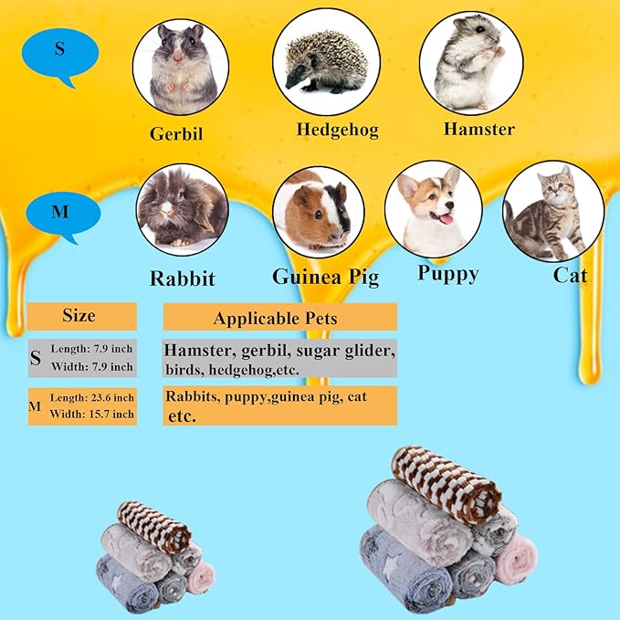 Grddaef Guinea Pig Fleece Blankets 6 Pieces Waterproof & Washable Small Animal Cage Liners Sleep Mat Bedding Pad for Hamster Chinchilla Rabbit Hedgehog (M-24 x 16 Inch)