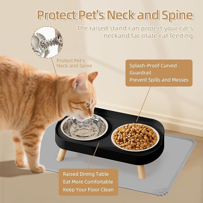 Elevated Cat Bowl with Food Mat, Raised Cat Food and Water Bowl Set for Indoor Cats, Splash Proof with 2 Stainless Steel Pet Food Bowls for Cats and Puppies,Whisker Fatigue and Dishwasher Safe (Black)