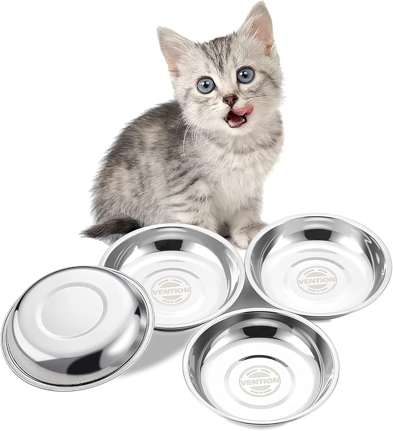 VENTION Small Shallow Cat Food Bowls, Outer Dia. 6.5 in Whisker Fatigue Cat Bowl, Stainless Steel Cat Food Dish for Indoor Cats, Set of 4 Replacement Cat Bowls for Raised Station(15.2 Fl.oz)