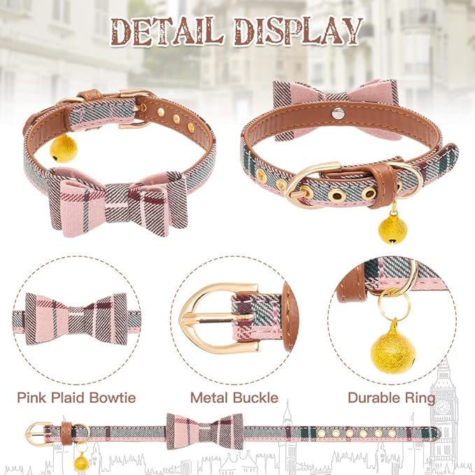 EXPAWLORER Dog Collar and Leash Set - Classic Plaid Dog Bow Tie and Dog Bandana Collar with Bell, Dog Leash Tangle Free, Adjustable Collars for Small Medium Large Dogs Cats, Holiday Ideal Gift