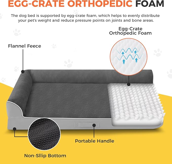 Dog Bed Large Sized Dogs, Orthopedic Dog Bed for Large Dogs, Waterproof Pet Bed with Washable Removable Cover, L-Shaped Pet Couch with Portable Handle 36"x27"x6.5", Grey Flannel