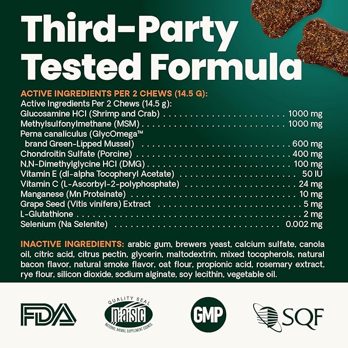 VetriScience Ultimate Strength Hip & Joint Supplement for Dogs, GlycoFlex Plus – MSM, Chondroitin & Green-Lipped Mussel Chews for Mobility, Flexibility, Comfort & Support, Bacon Flavor, 60 Cnt