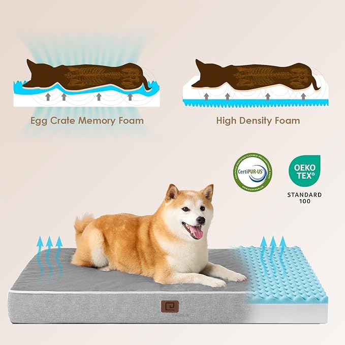 EHEYCIGA Waterproof Dog Bed Memory Foam 44x32, Orthopedic Dog Beds Mat for Extra Large Dogs with Removable Cover, Grey