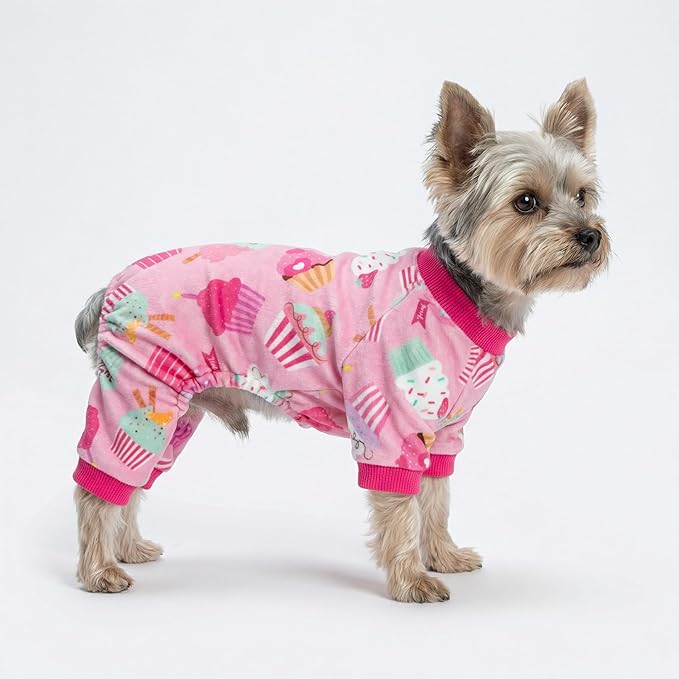 Fitwarm Cupcake Dog Pajamas, Birthday Outfit for Small Dogs Girl, Cozy Pet Onesie with Feet, Pink, XL