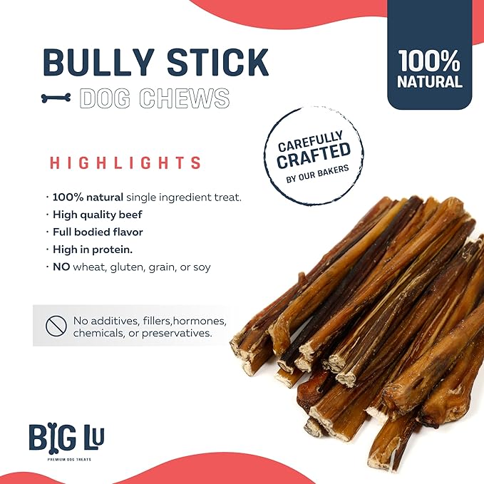 Big Lu - 6” Bully Sticks, 12 Count, Long-Lasting, Low-Odor, 100% Grass-Fed Beef Chews for All Dog Breeds, Natural Single-Ingredient, Fully Digestible Treats