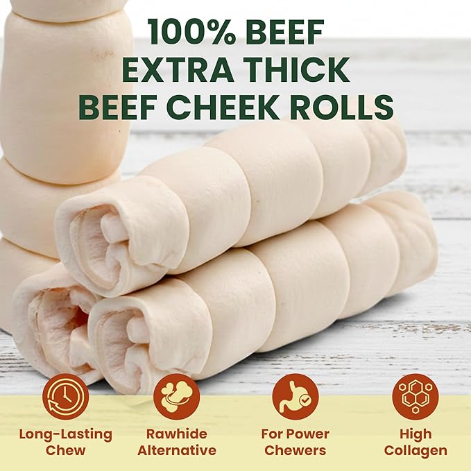 4 Pack 6 Inch Beef Cheek Rolls Extra Thick for Dogs – Digestible Rawhide Alternative Chews, Long Lasting Dental Treats, Single Ingredient Natural Dog Chews for Medium to Large Dogs