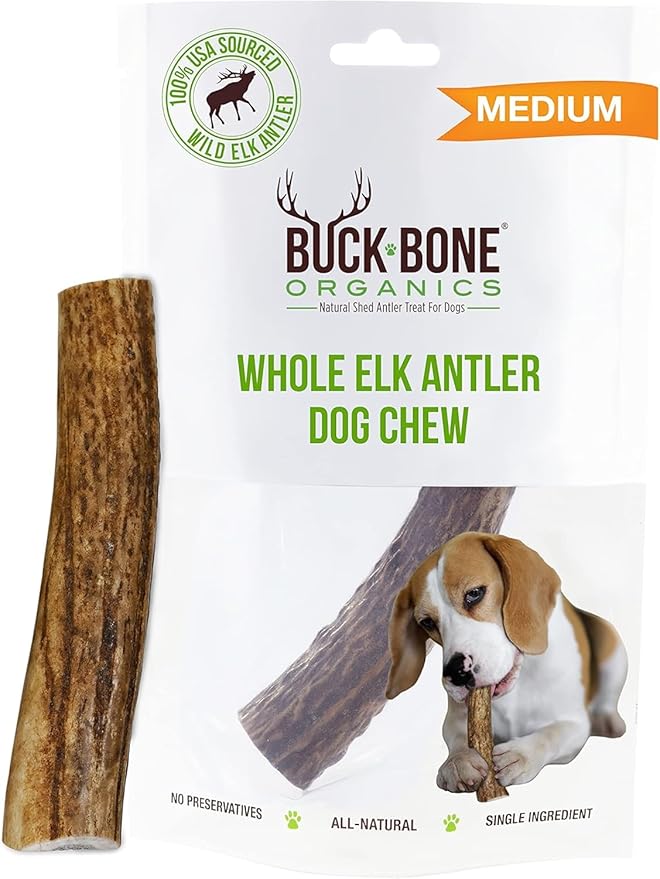 Buck Bone Organics Dog Chews, Elk Antlers for Dogs, Long Lasting Dog Bones for Aggressive Chewers, All Natural, No Preservatives, Wild Shed in The USA (Medium)