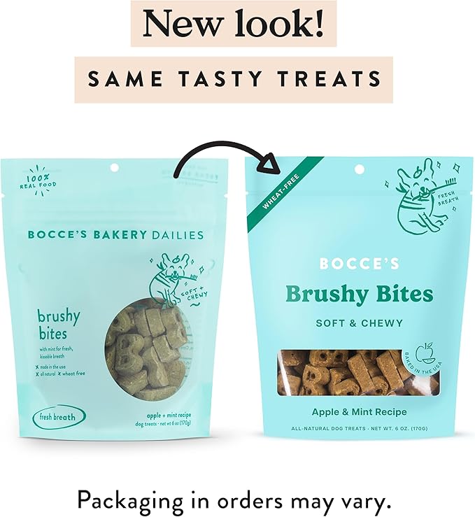 Bocce's Bakery Dailies Brushy Bites Dog Treats for Wellness Support, Wheat-Free Dog Treats, Made with Real Ingredients, Baked in The USA, Natural Soft & Chewy, Apple & Mint Recipe, 6 oz