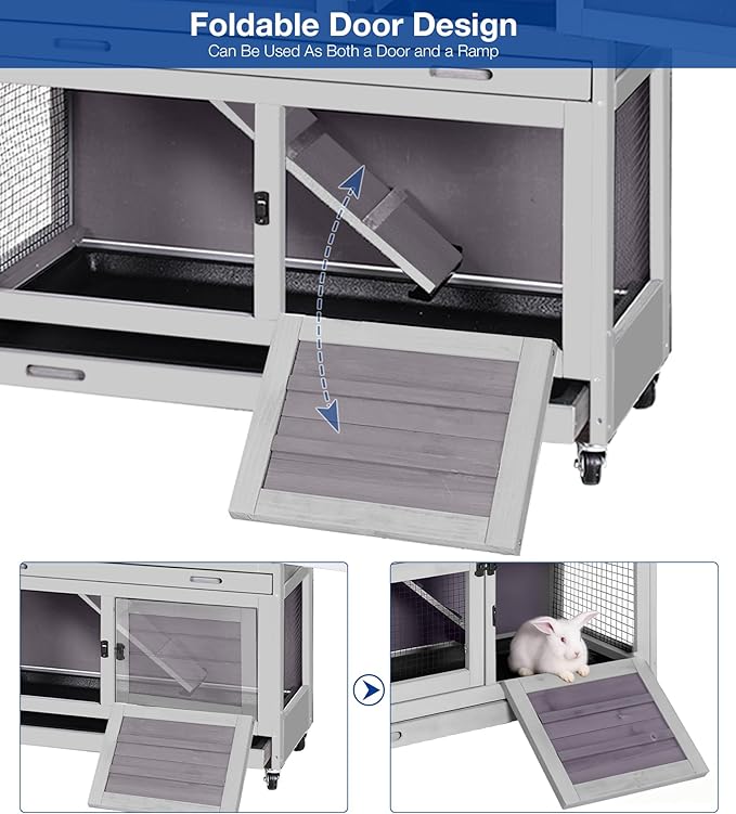 2-Story Rabbit Hutch Indoor Outdoor with Wheels, Bunny Cage with Slip-Proof Ramp, Guinea Pigs Cage with Waterproof Roof & Easy-Clean Tray, Multi-Access Doors, 36"