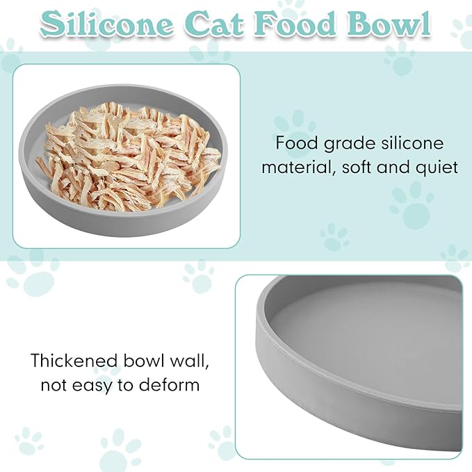 Silicone Dog Bowl Shallow Cat Food Bowls 7in Flat Puppy Plates Cute Whisker Fatigue Pet Feeding Dishes Set of 2 for Dry and Wet Food Indoor (Round Grey)