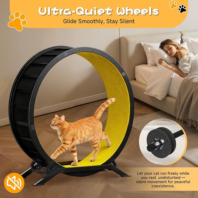 GTRACING Cat Wheels, 40" Diameter, Large Cat Exercise Wheel for Indoor Cats cat Treadmill Metal with Detachable Carpet & Teaser/Stickers, Ultra-Quiet Scroll Wheel with Latch, Safe and Stable, Yellow