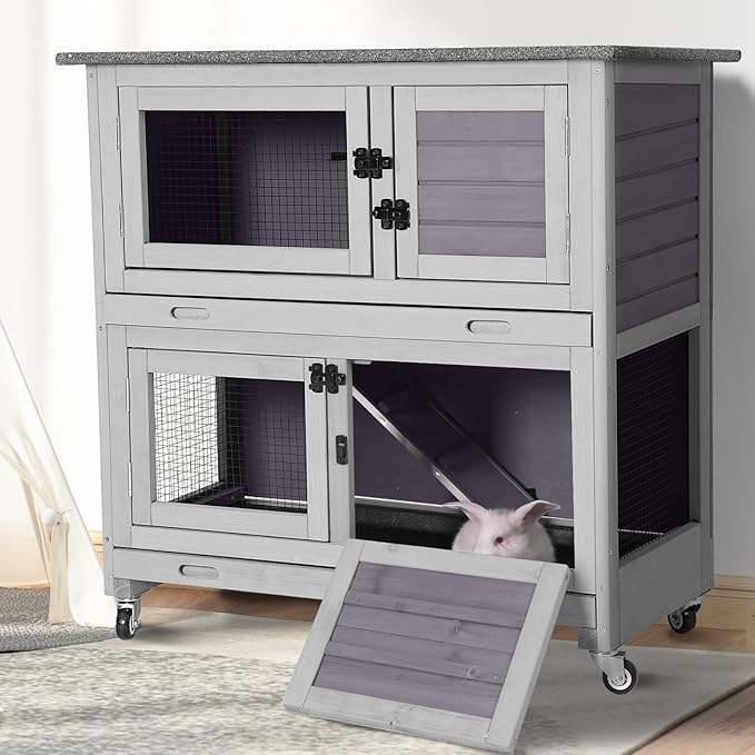 Suumerpety 2-Tier Wooden Rabbit Hutch Indoor Bunny House Guinea Pig Cage with Sliding Plastic Trays Wheels for Easy Cleaning Ventilation Design and Mobility, 36 Inch Small Animal Home (Grey, M)