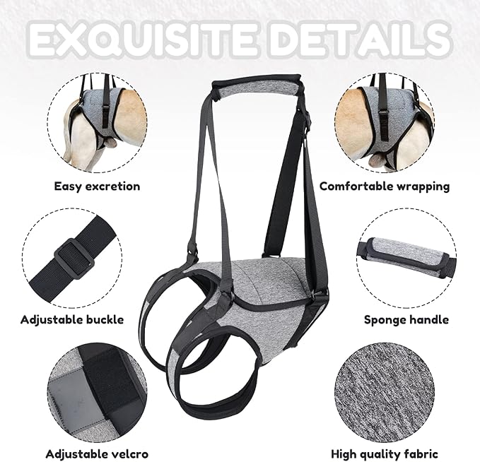 Dog Lift Harness, TORJOY Dog Sling for Small Medium Large Dogs, Dog Support Harness for Back Legs, Adjustable Soft Padded Pet Harness for Olderly, Injured, Arthritic, Disabled Dogs, Grey, XL