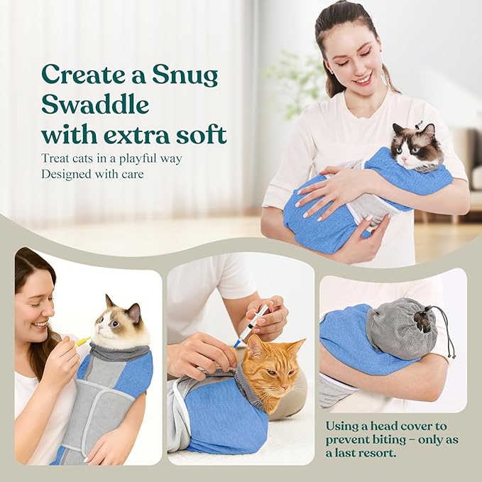 Supet Cat Grooming Wrap for Cutting Nails, Self-Adhesive Anti-Scratch Swaddle with Bite-Proof Mesh Hood & Thick Waist Strap Anti-Escape Bag for Nail Trimming, Medication, Ear Cleaning (Blue S)