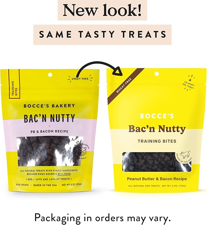 Bocce's Bakery Bac'N Nutty Training Treats for Dogs, Wheat-Free Dog Treats, Made with Real Ingredients, Baked in The USA, Natural & Low Calorie Training Bites, PB & Bacon Recipe, 6 oz