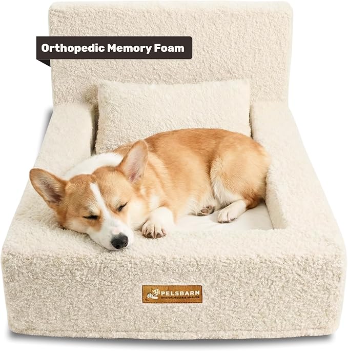 Pelsbarn Real Orthopedic Dog Bed, High-Density Memory Foam with Waterproof Fitted Sheets - Machine Washable, Medium, Beige