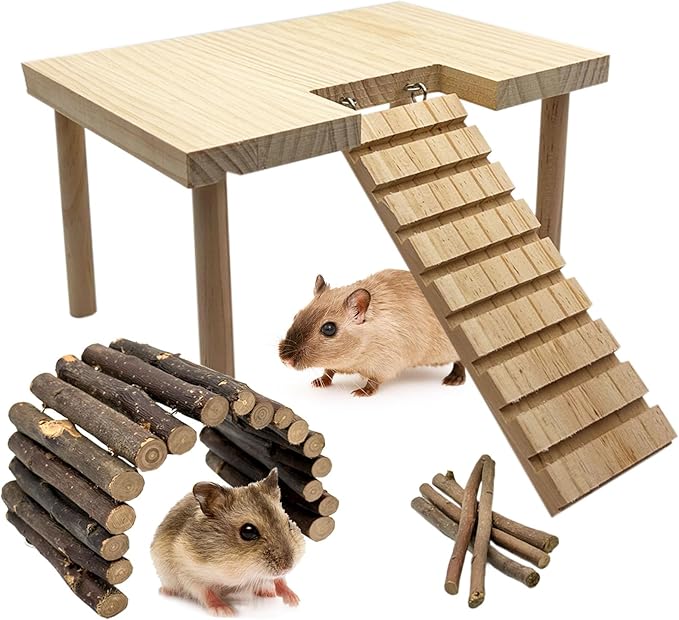 Hamster Platform with Ladder Wooden Syrian Hamsters Standing Platforms with Legs Set Wood Gerbils Climbing Bridge Toy Mouse Cage Accessories