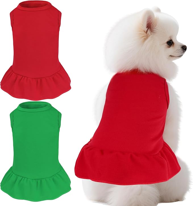 2 Pcs Dog Dresses Cat Skirt Solid Color Dog Clothes Summer Sleeveless Puppy Girl Clothes for Small Pet Dogs Cats (Red,Dark Green, Small)