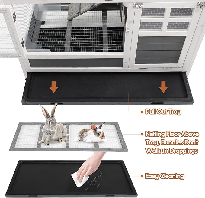 Rabbit Hutch Indoor with Chew-Proof Ramp & Leak-Proof Trays Urine Guards/Netting Floor,Doors.37 Wooden Rabbit Cage with Wheels for Rabbits, Guinea Pigs Small Animal