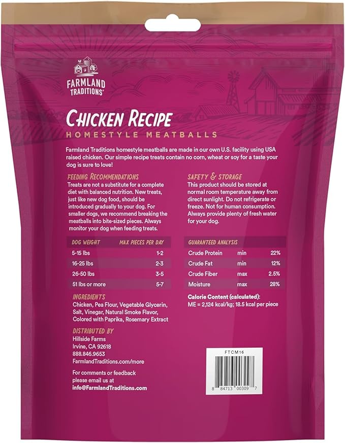 Farmland Traditions Chicken Recipe Homestyle Meatballs, Natural Dog Treats Made in the USA for All Breeds & Sizes, 6-Ounce Bag