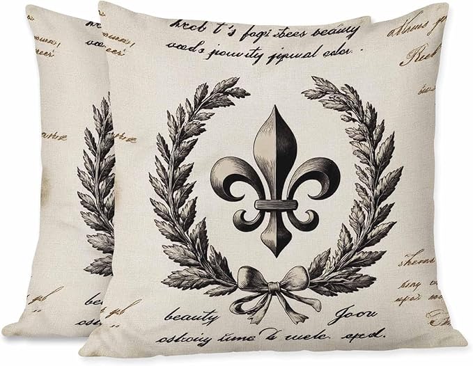 Cushion Covers Retro Letter Paper Fleur De Lis Vintage Style Square Soft,Pillow Cases Decor for Couch Bedroom Sofa Living Pack of 2 Size 18X18 Inch