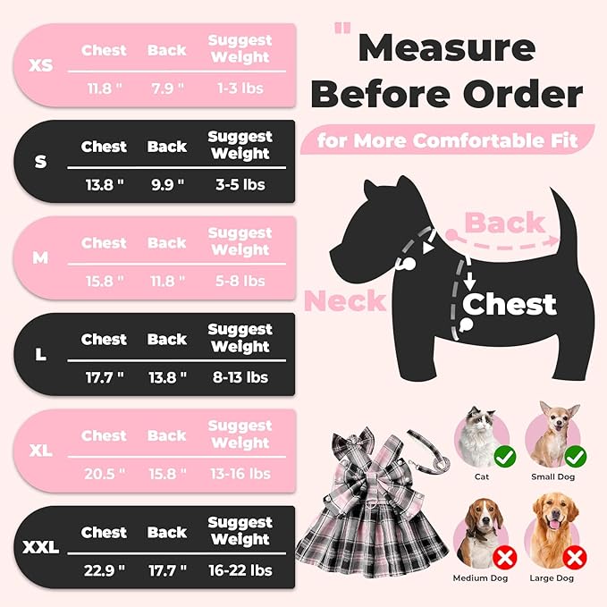 PETCARE Cute Dog Dress Clothes for Small Dogs Cats Girl Female Pink Plaid Bow Tie Dog Harness Dresses Leash Set with Pearls Bow Accessories Birthday Puppy Dress Shih Tzu Yorkies Chihuahua Outfits