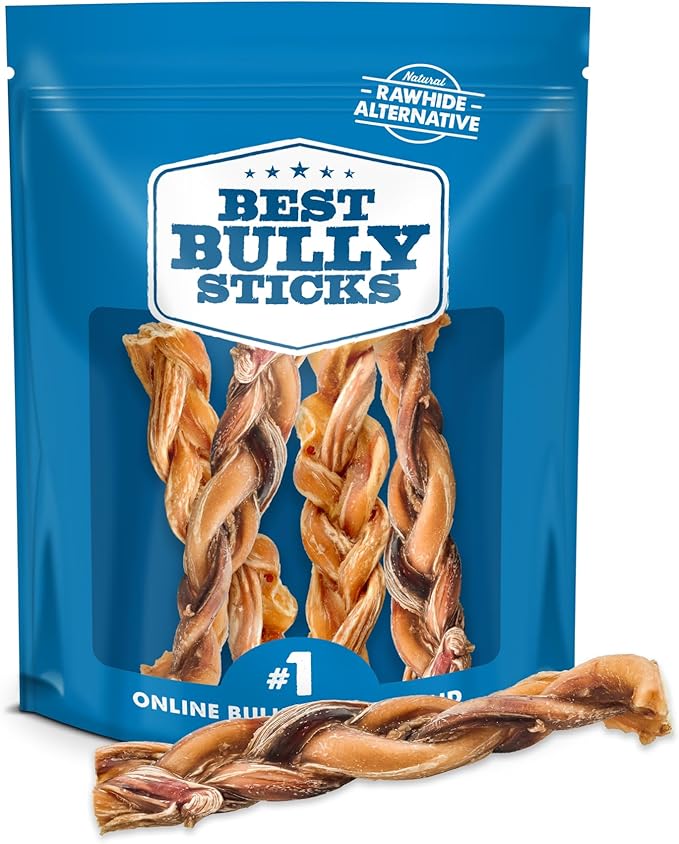 Best Bully Sticks Natural Braided Bully Sticks for Large Dogs - 6 Inch, 4 Count (Pack of 1) - Free-Range Grass-Fed Beef, Single-Ingredient, Grain and Rawhide Free Long Lasting Dog Chews