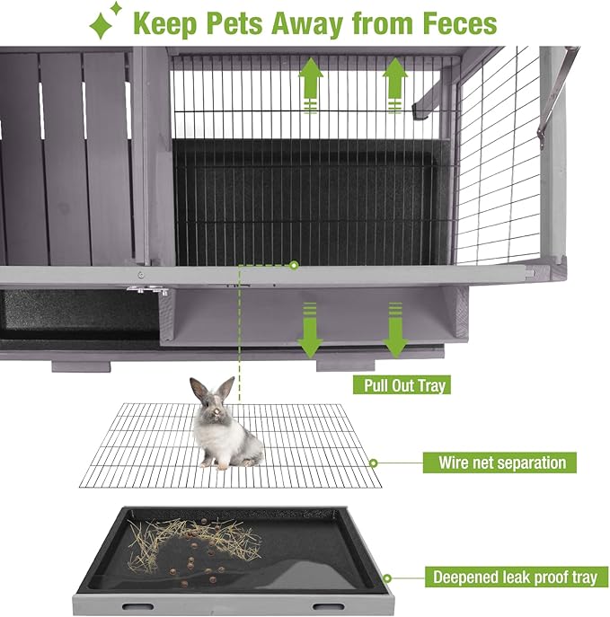 GUTINNEEN Guinea Pig Cage Indoor Wooden Rabbit Hutch with Metal Floor Grid and Removable Tray for Easy Cleaning, Bunny Cages Outdoor Waterproof Roof and Elevated Legs