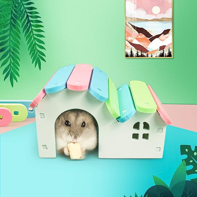 Dwarf Hamsters House DIY Wooden Gerbil Hideout Rainbow Bridge Swing and Pvc Seesaw, Suitable for Small Animal Habitat, style-1
