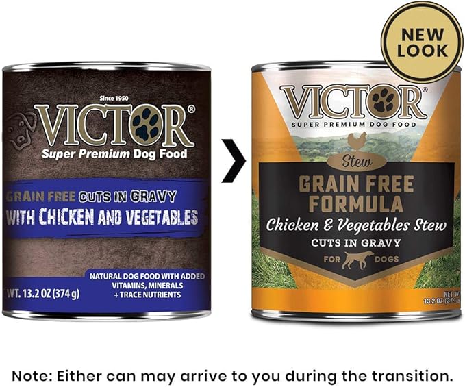 VICTOR Super Premium Dog Food – Chicken and Vegetables Stew Cuts in Gravy – Grain Free Canned Wet Adult Dog Food – Nutrient Rich, Ideal Kibble Topper or Standalone Meal – All Breeds, 12 x 13.2oz Cans