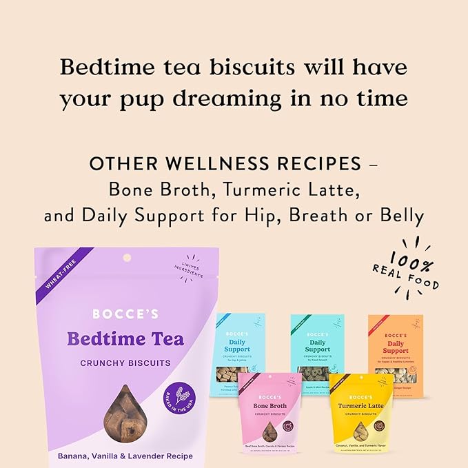 Bocce's Bakery Bedtime Tea Treats + Calming Supplement Bundle for Dogs – All-Natural, Wheat-Free Biscuits & Stress Support with Chamomile, Lemon Balm, L-Theanine – Real Ingredients Baked in The USA