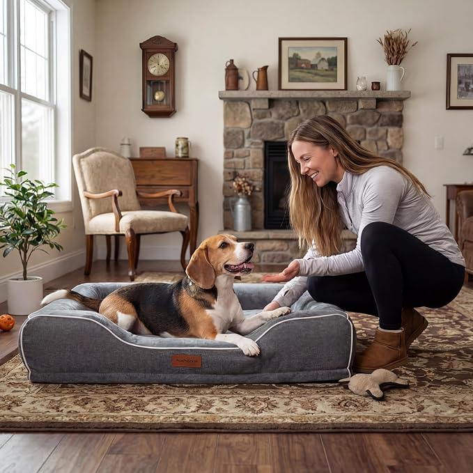 Orthopedic Dog Beds Large Sized Dog with Removable Faux Fur Washable Covers,Waterproof Pet Couch Bed with Cooling Gel Memory Foam and Bolster Side for Big Breed Pets,36" x 27" x 6.5" Dark Grey