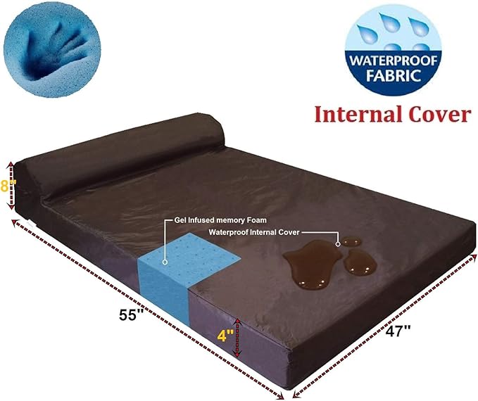 Dogbed4less Premium Head Rest Orthopedic Gel Memory Foam Pet Dog Bed for Extra Large Dog, Waterproof Liner and Espresso Suede Cover, Jumbo 55"X47"X4"