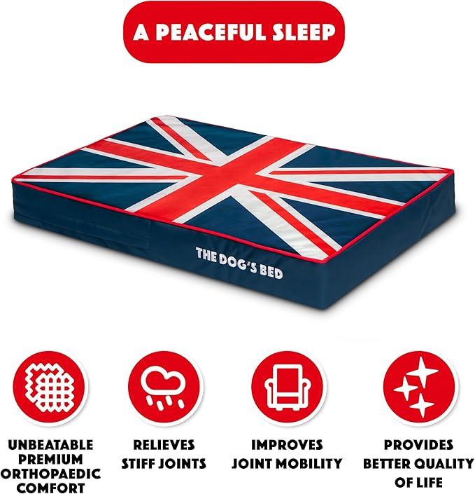 The Dog’s Bed Orthopedic Memory Foam Dog Bed for Medium Dogs, Waterproof Washable Cover, Anti-Slip Base, Calming Surface – CertiPUR-Certified Foam, Blue & Red Trim UK Center Flag, 4 Inch Thick