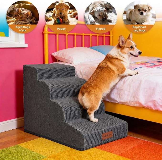 Dog Stairs for Small Dogs and Cats, 19.7" H, 4-Step Curved Pet Ramp for Beds or Couches, Non-Slip Medium Pet Steps with High Density Foam, Grey