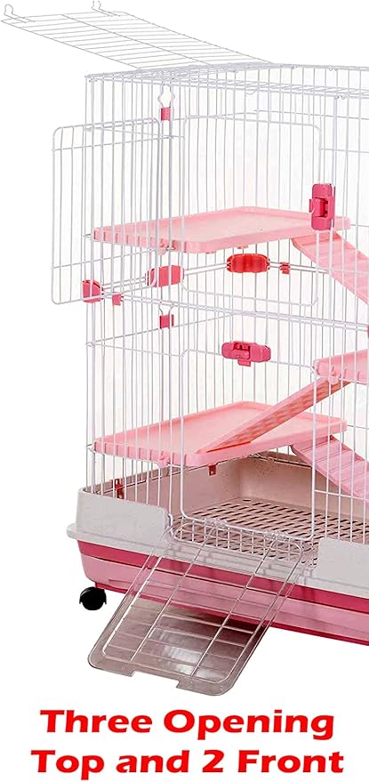 Pink X-Large 32”L in/Outdoor Small Animal Squirrel Ferret Rabbit Home Hutch Small Animal Cage with Paw Safe Platform Ladder Bottom Mesh Floor Easy Pull Out Washable Tray Lockable Wheels