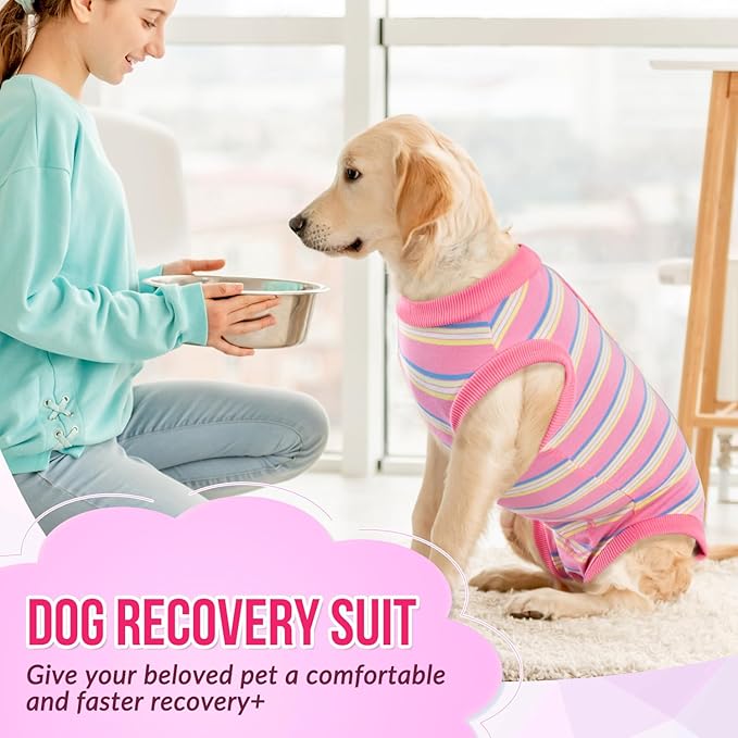 Lukovee Recovery Suit for Dogs, Onesie Surgery Recovery Suit for Female Male Dogs, Abdominal Wounds Cone E-Collar Alternative Prevent Licking Spay Recovery Suit (Pink Stripes,XL)