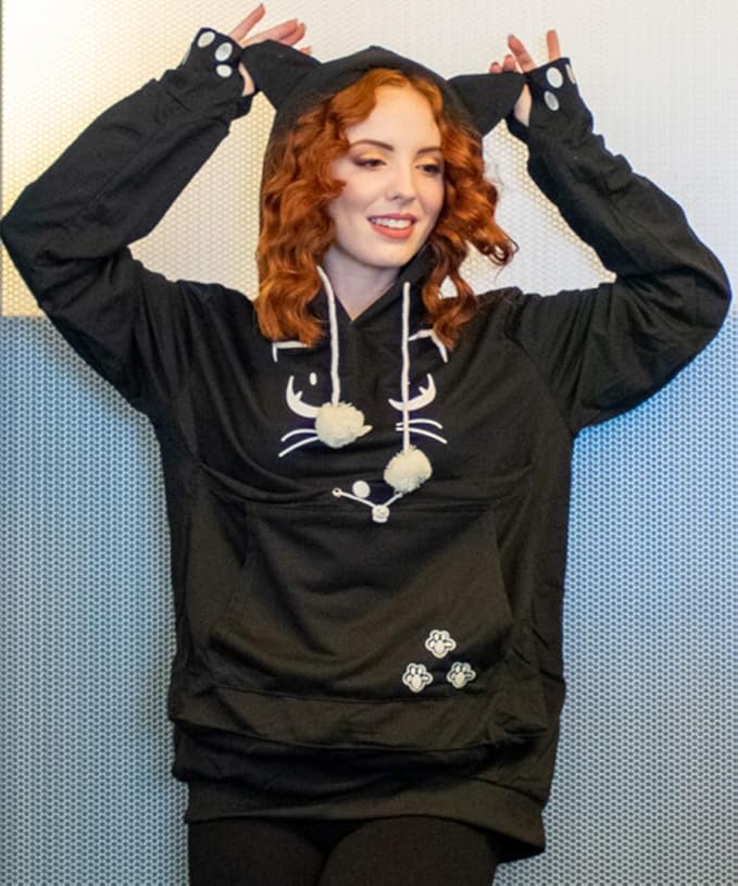 ALYC Unisex Hoodies Pet Holder Cat Dog Kangaroo Pouch Carries Pullover with Cat Printing Sweatshirt (Black, XXXL)